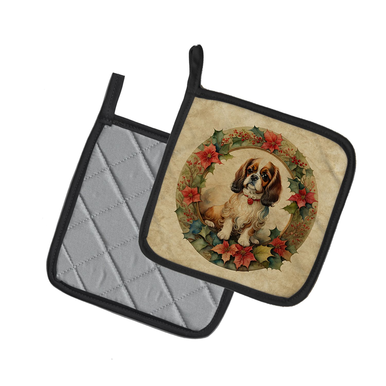 English Toy Spaniel Christmas Flowers Pair of Pot Holders Kitchen Heat Resistant Pot Holders Sets Oven Hot Pads for Cooking Baking BBQ, 7 1/2 x 7 1/2